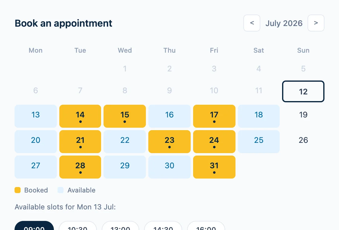 Online booking calendar showing available and booked appointment slots