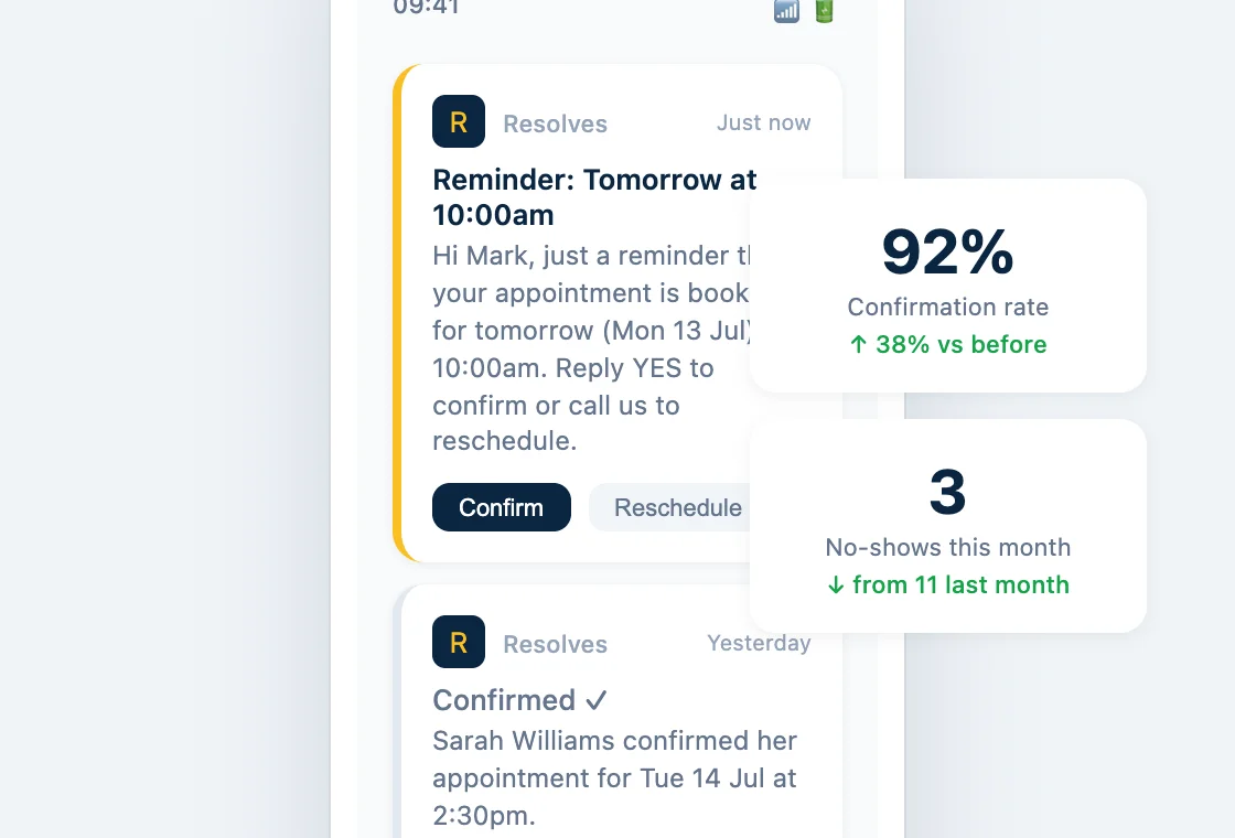 Phone showing automated SMS appointment reminder with confirm and reschedule buttons